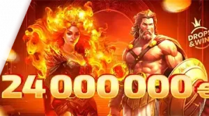 Изображение, рекламирующее призовой фонд в 24 миллиона евро для турнира Drops & Wins Pragmatic в Банда с изображением греческих богов на динамичном фоне.